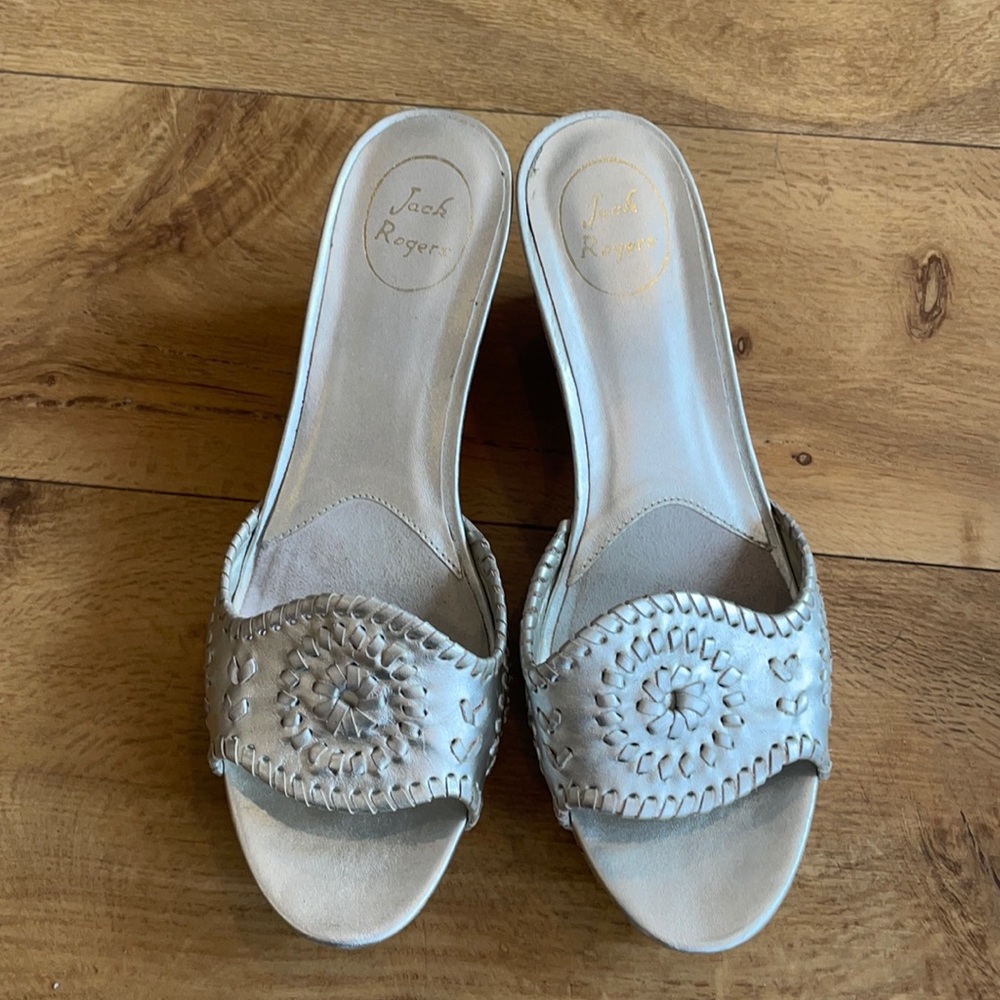 Jack Rogers cork wedge silver leather sandals 9.5 I purchased the wrong size!